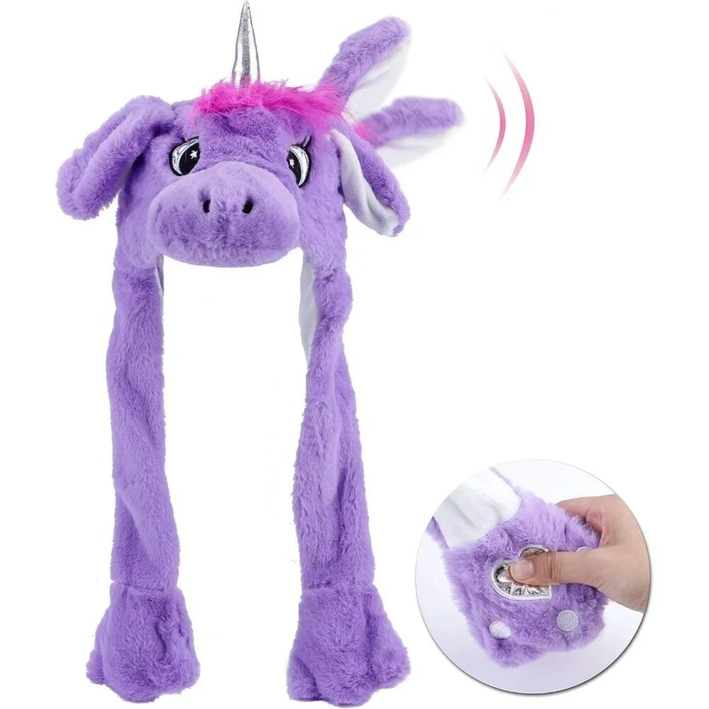 Kids Unicorn pueple Animal Hat with Ears Moving Jumping Pop Up Beating Plush